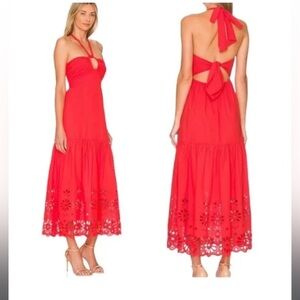 Jason Wu Red Coral Halter‎ Midi Dress ResortWear Beach Chic Embroidered Designer